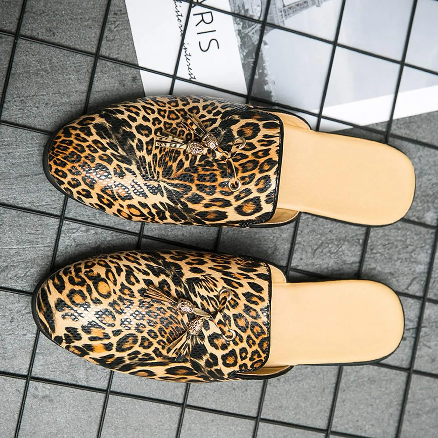 Men's Tassel Leopard Buckle Mules