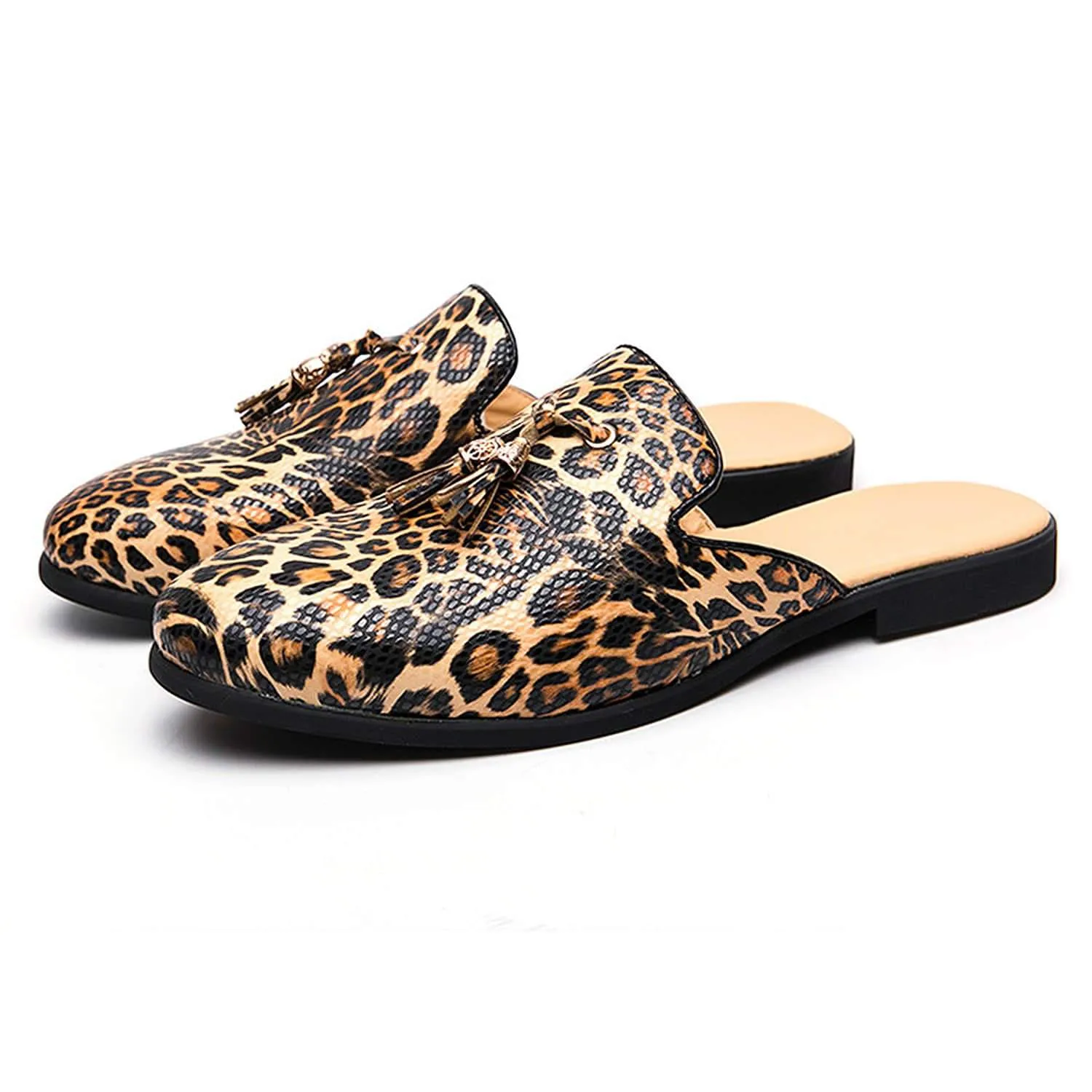 Men's Tassel Leopard Buckle Mules