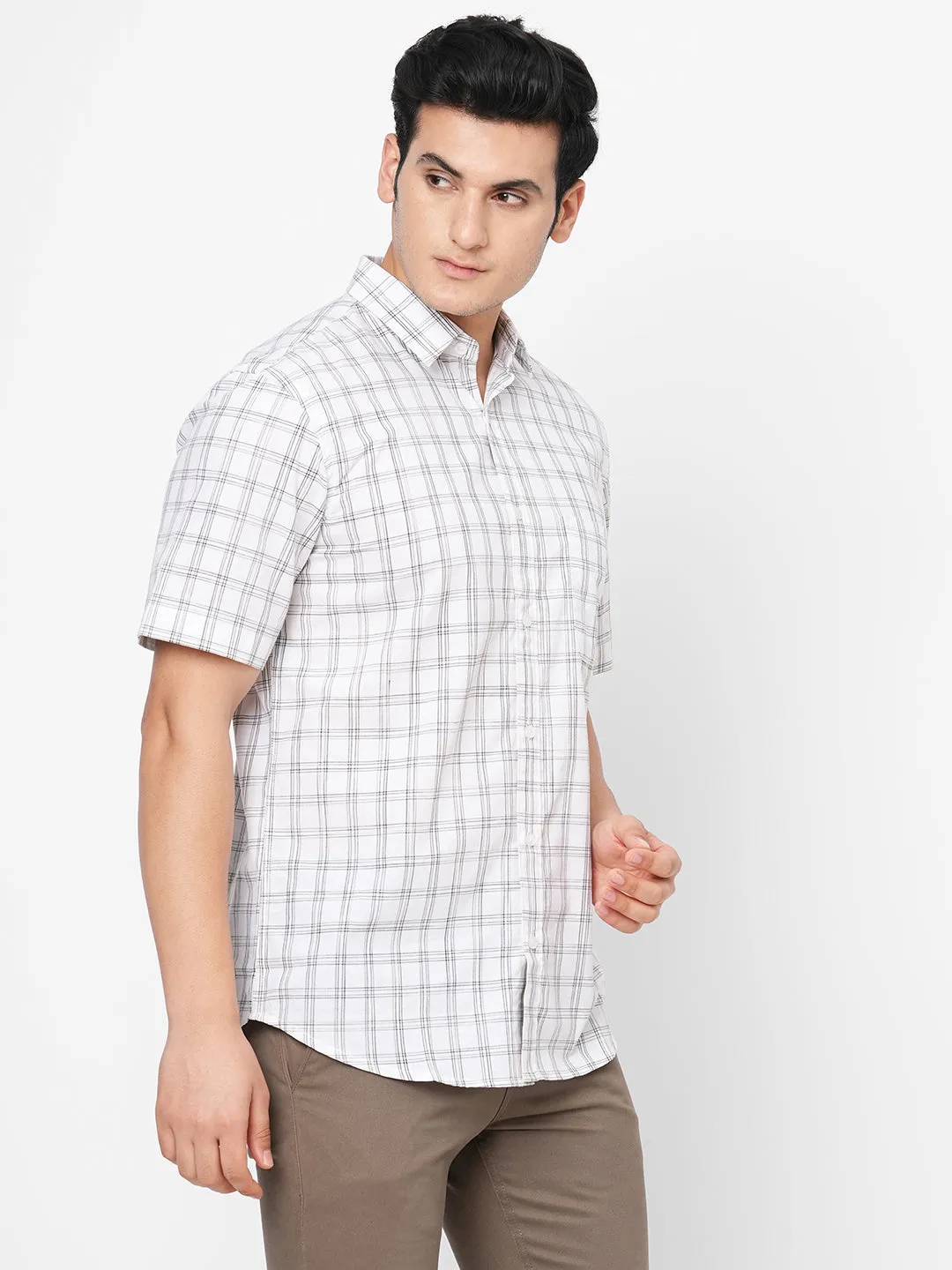 Men's White Cotton Regular Fit Checked Shirt