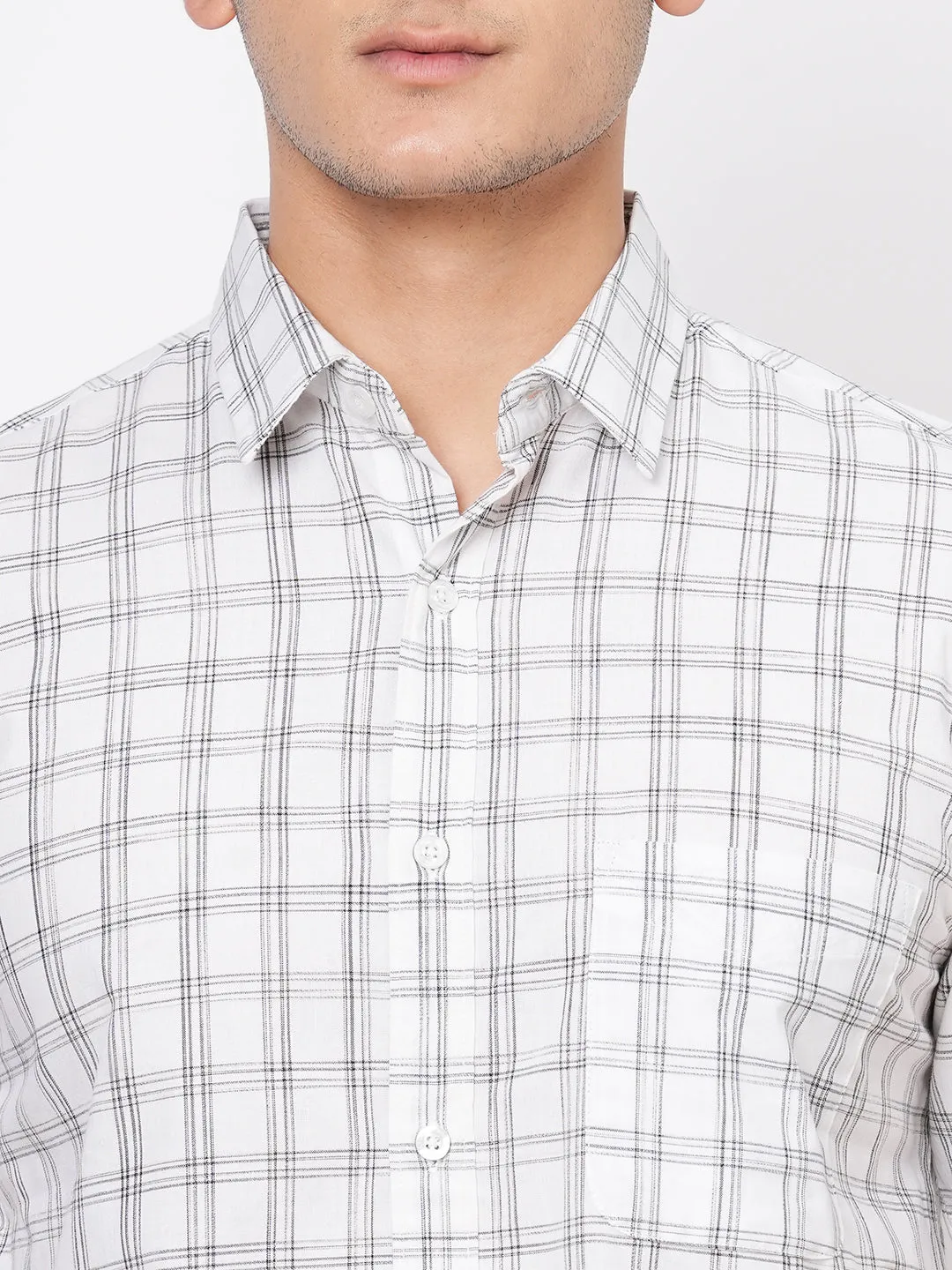 Men's White Cotton Regular Fit Checked Shirt