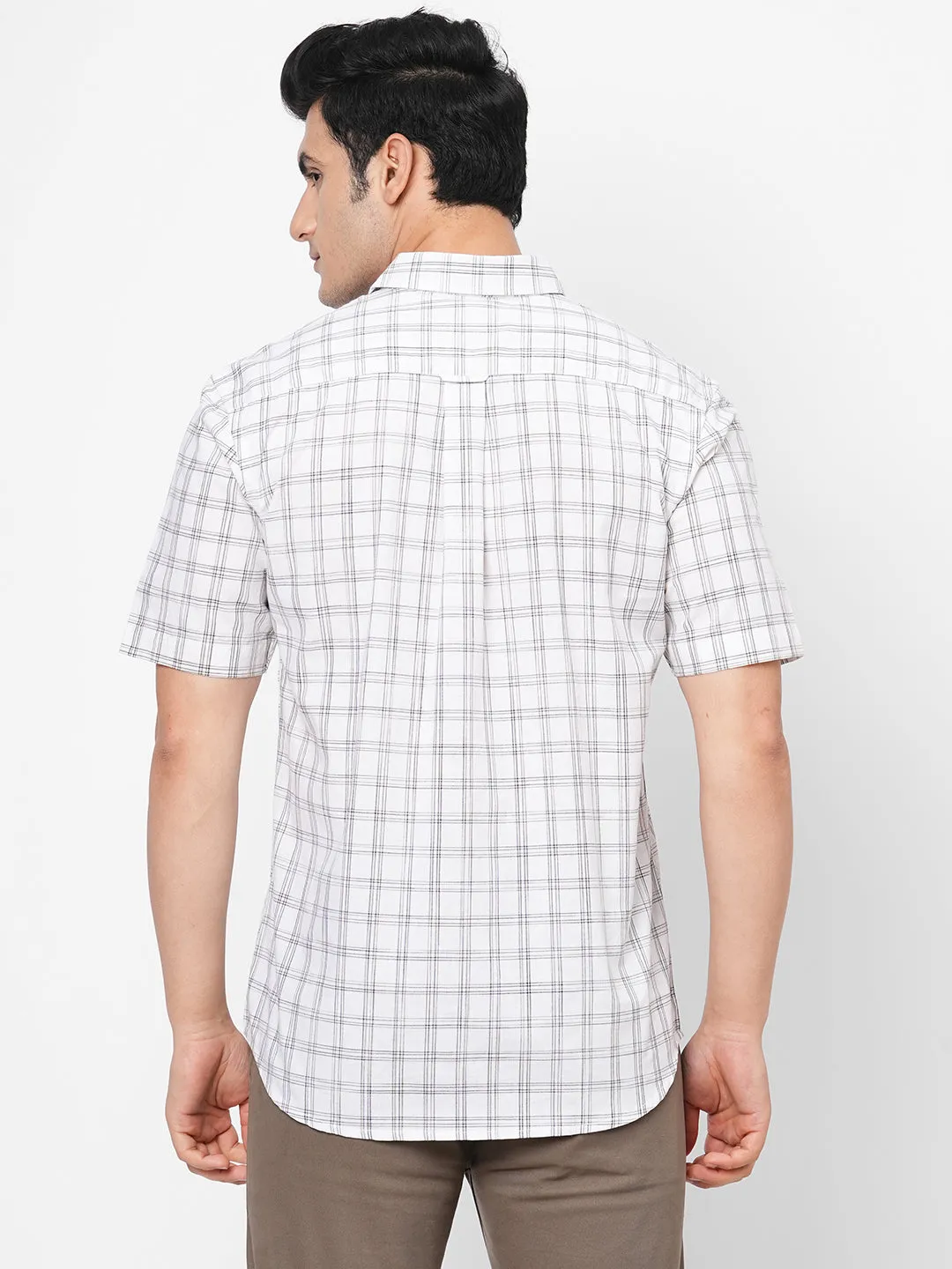 Men's White Cotton Regular Fit Checked Shirt