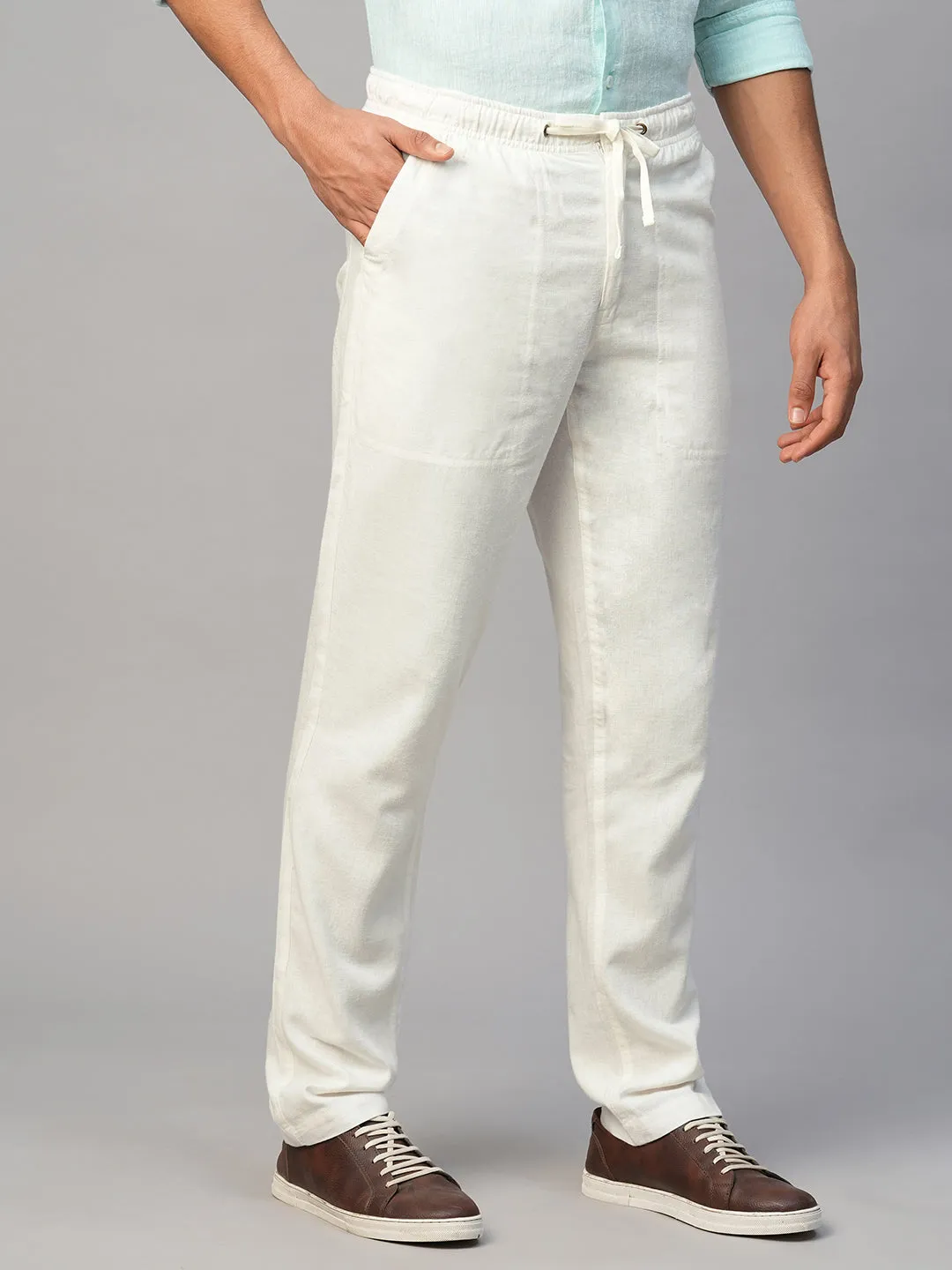 Men's White Linen Viscose Regular Fit Pant