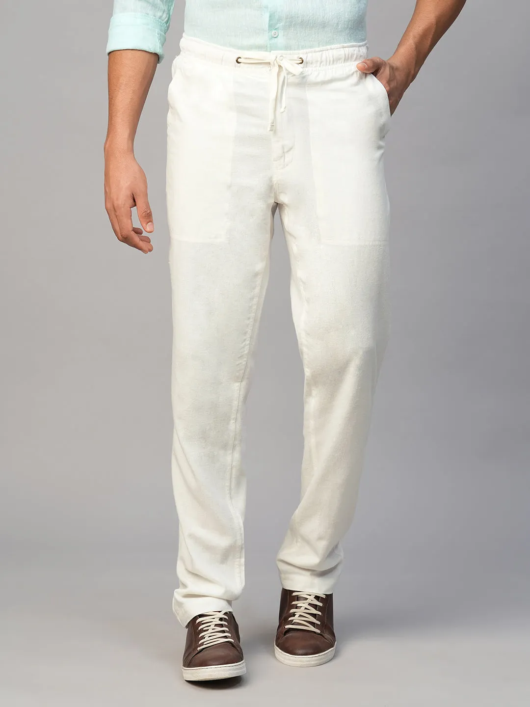 Men's White Linen Viscose Regular Fit Pant