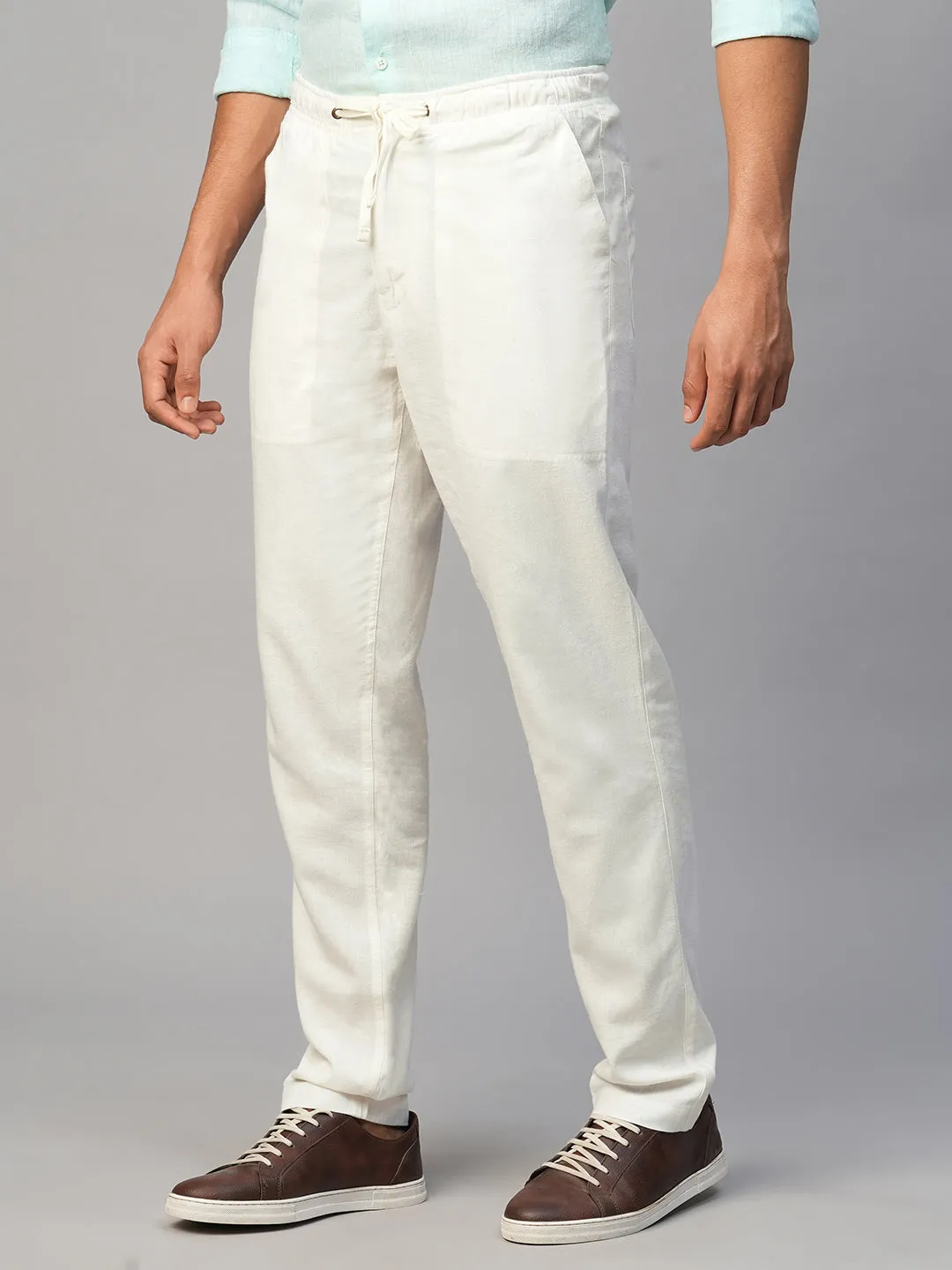 Men's White Linen Viscose Regular Fit Pant