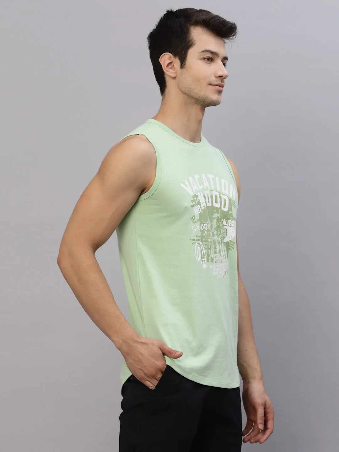 Mint Printed Round Neck Sleeveless T-Shirt Vest