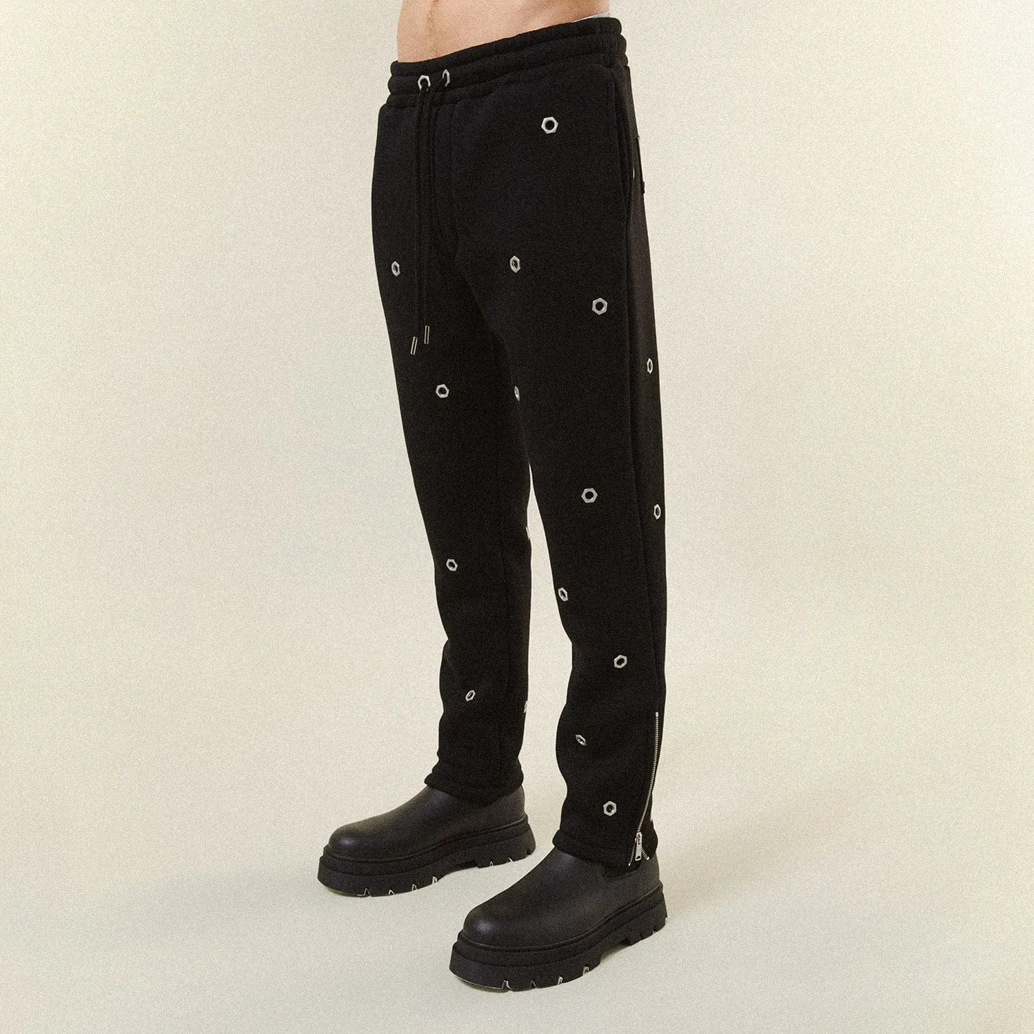 MULTI EYELET TRACK PANTS - BLACK