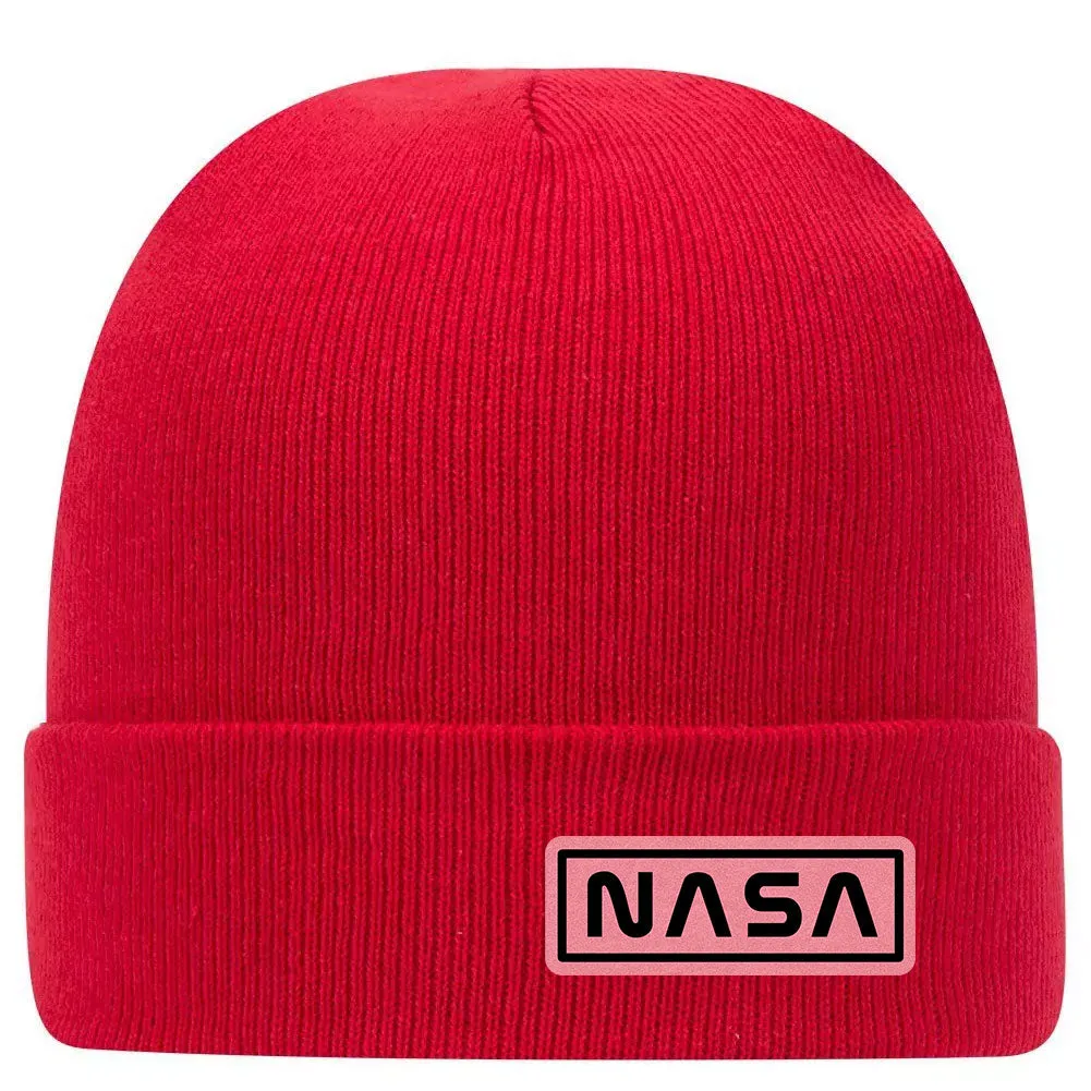 NASA Letter Leatherette Patch Superior Cotton Blend 12" Classic Knit Cuff Beanies for Men & Women