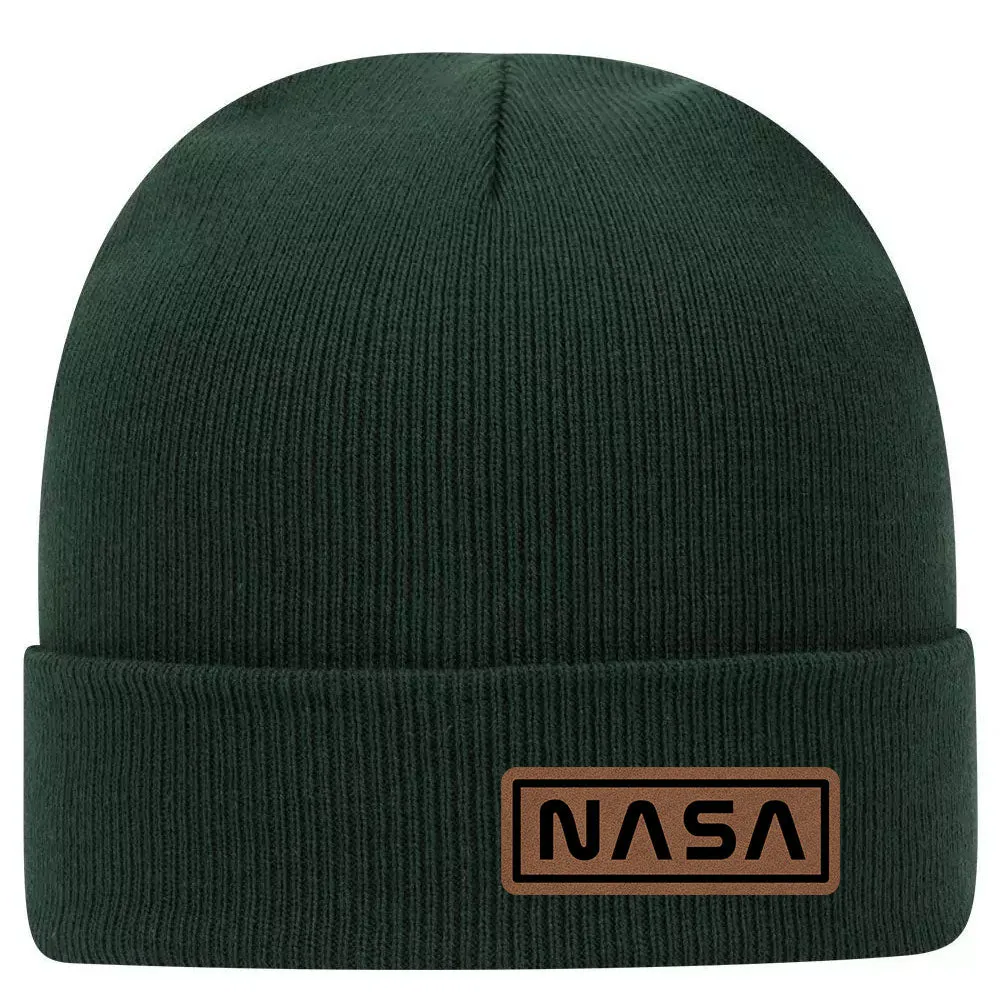 NASA Letter Leatherette Patch Superior Cotton Blend 12" Classic Knit Cuff Beanies for Men & Women