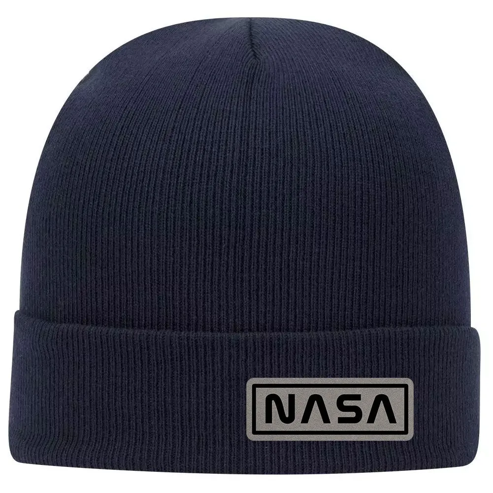 NASA Letter Leatherette Patch Superior Cotton Blend 12" Classic Knit Cuff Beanies for Men & Women