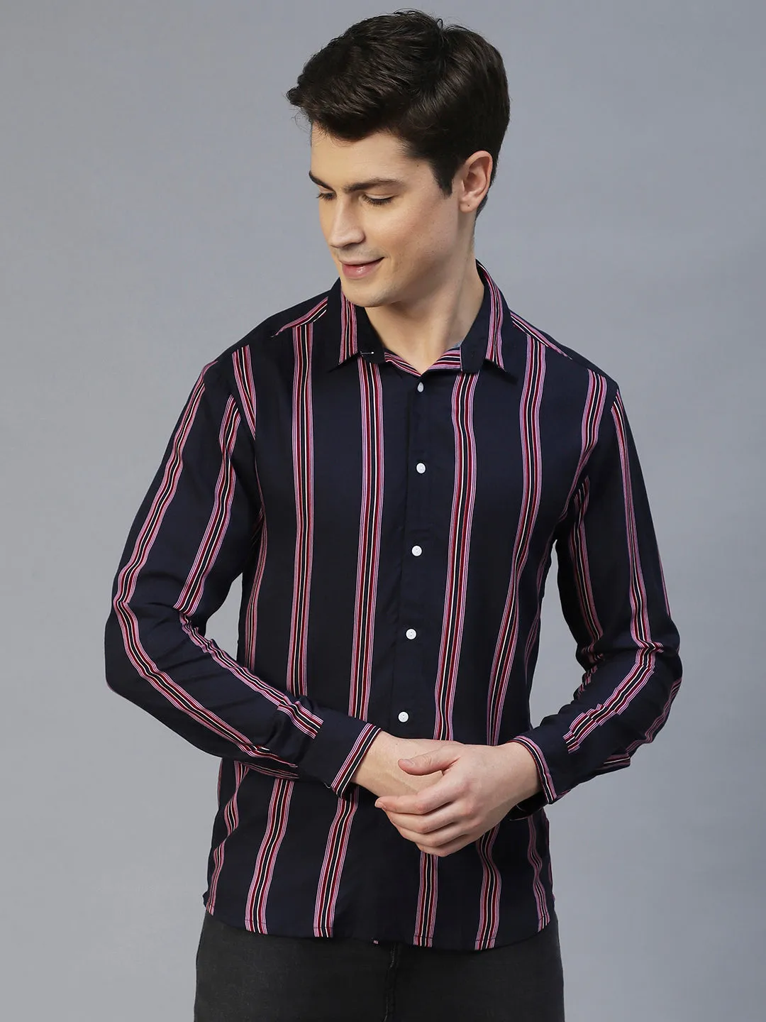 Navy Blue Vertical Stripes Full Sleeves Shirt