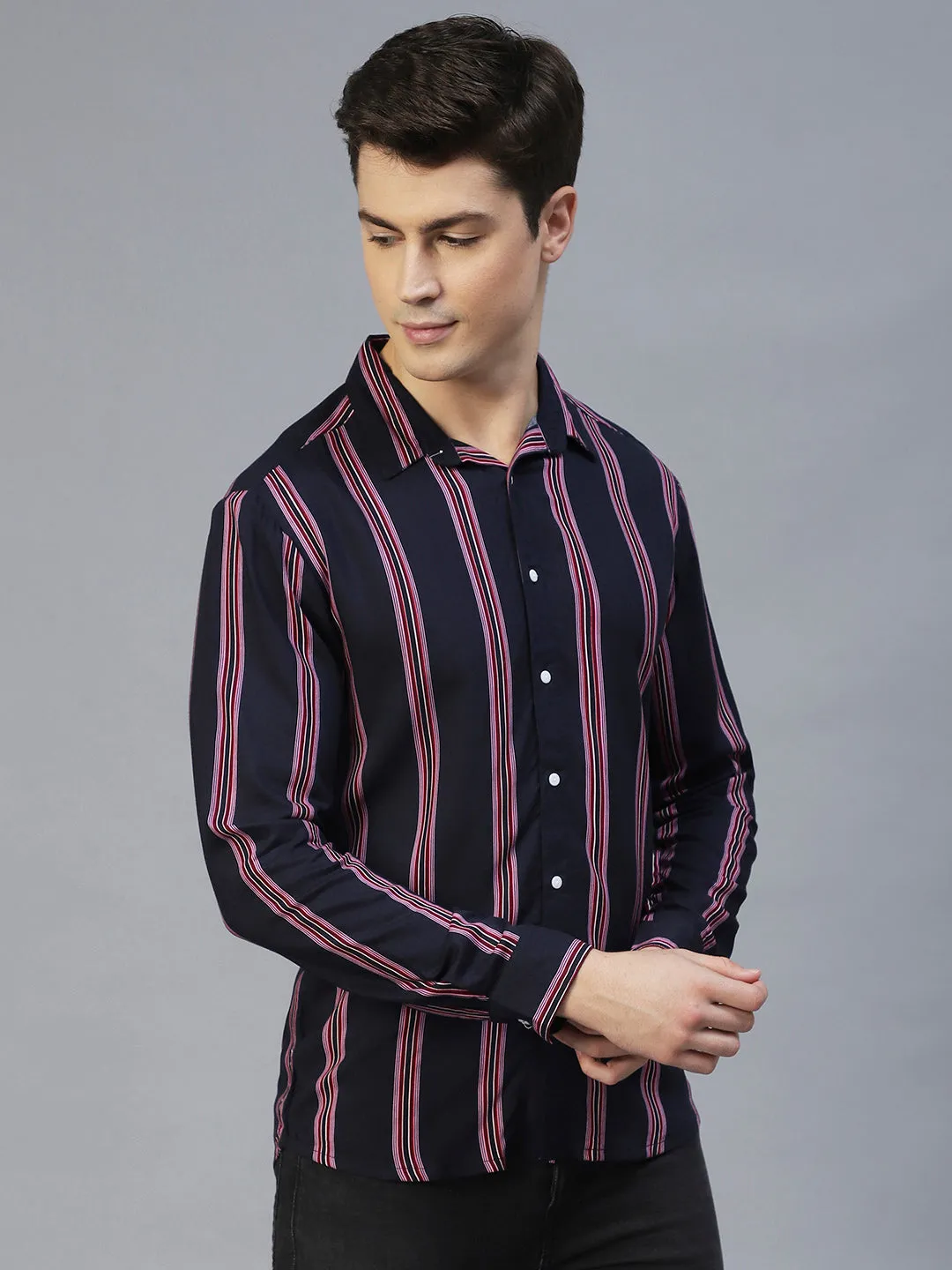 Navy Blue Vertical Stripes Full Sleeves Shirt