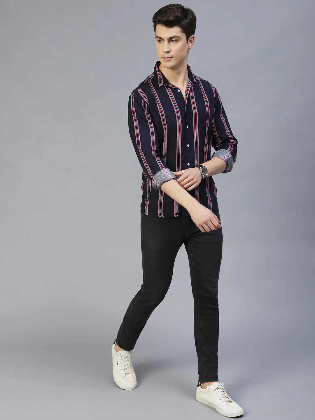 Navy Blue Vertical Stripes Full Sleeves Shirt