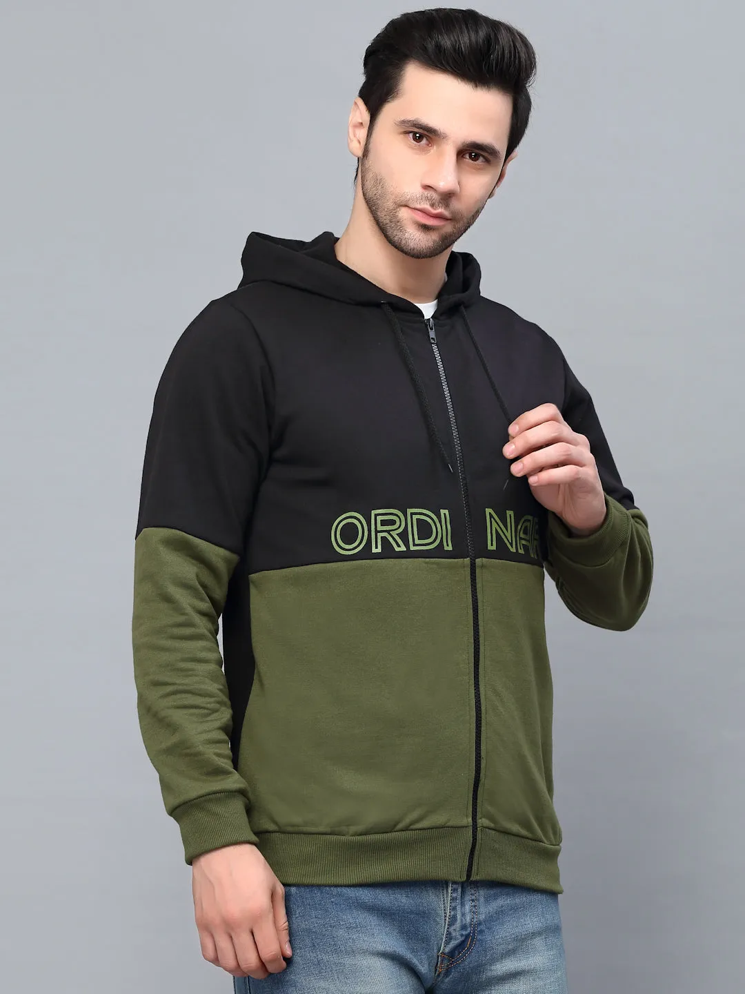 Olive green Printed Hood Fleece Jacket