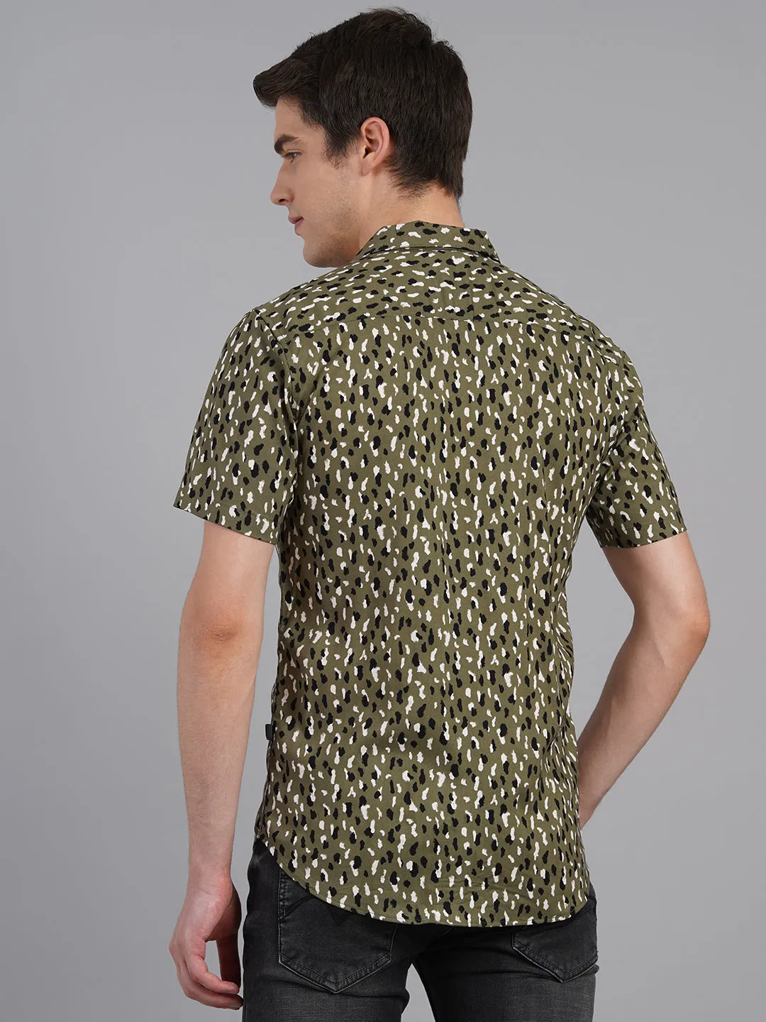 Olive Self Design Cheetah Print Cuban Collar Half Sleeve Shirt