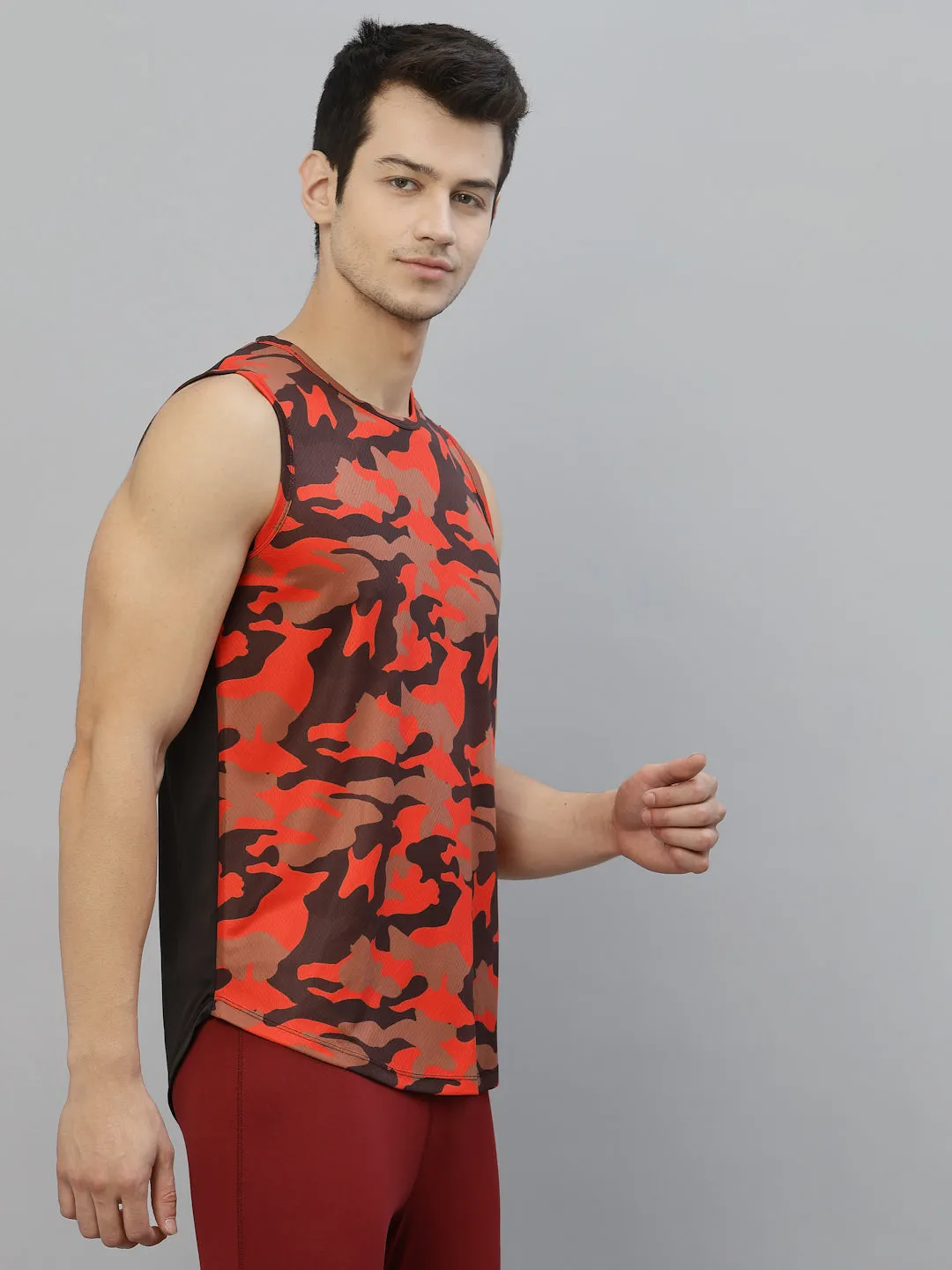 Orange Camouflage Printed Round Neck Sleeveless Activewear T-Shirt Vest