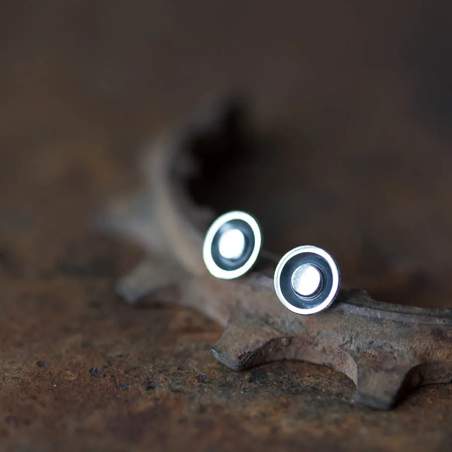 Round Stud Earrings, Black Dome with a Shiny Silver Dot