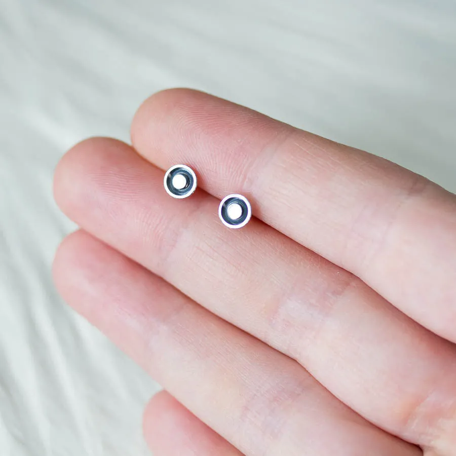 Round Stud Earrings, Black Dome with a Shiny Silver Dot