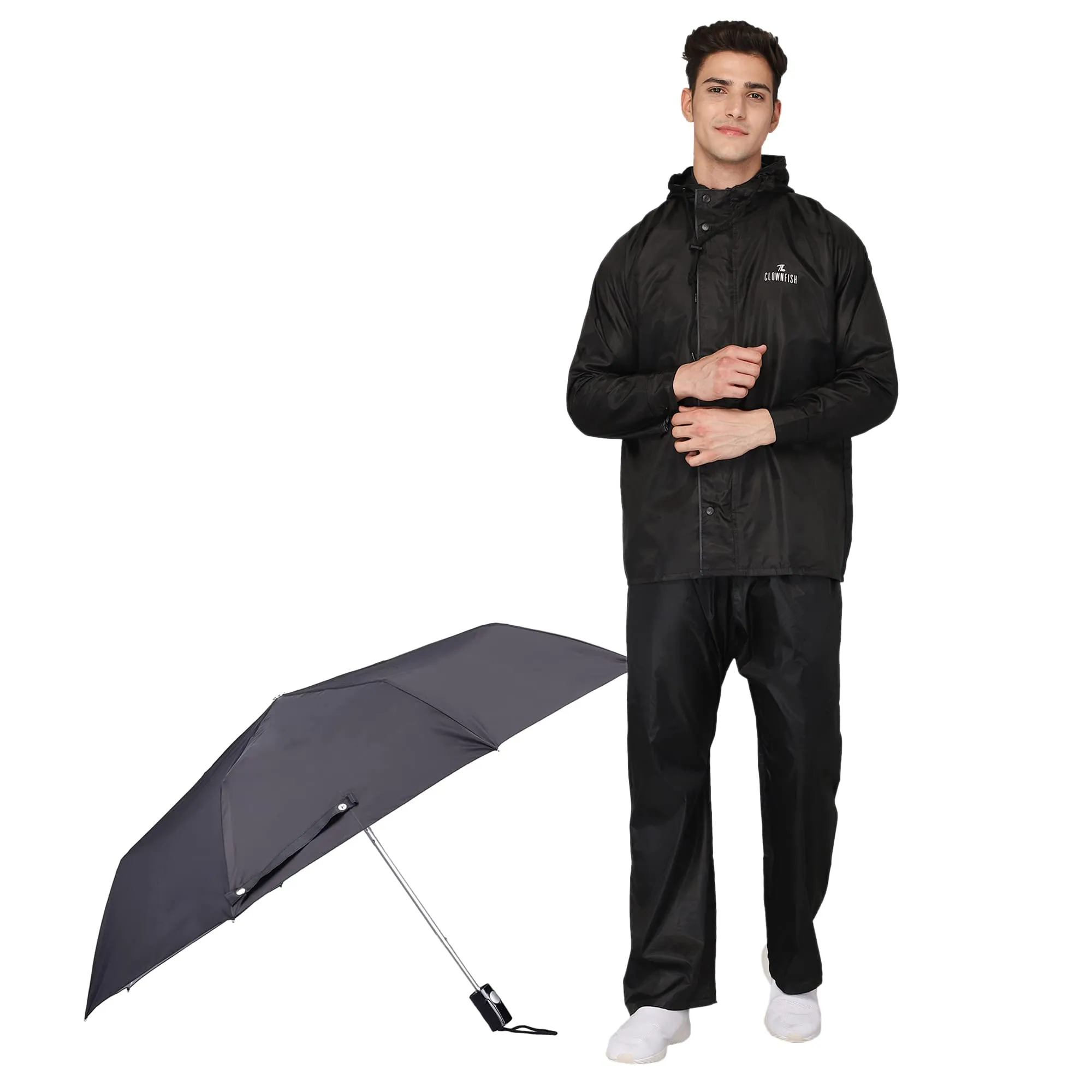 THE CLOWNFISH Combo Of Rain Coat for Men Waterproof Polyester (Black L) Umbrella Savior Series 3 Fold Waterproof Polyester (Black)