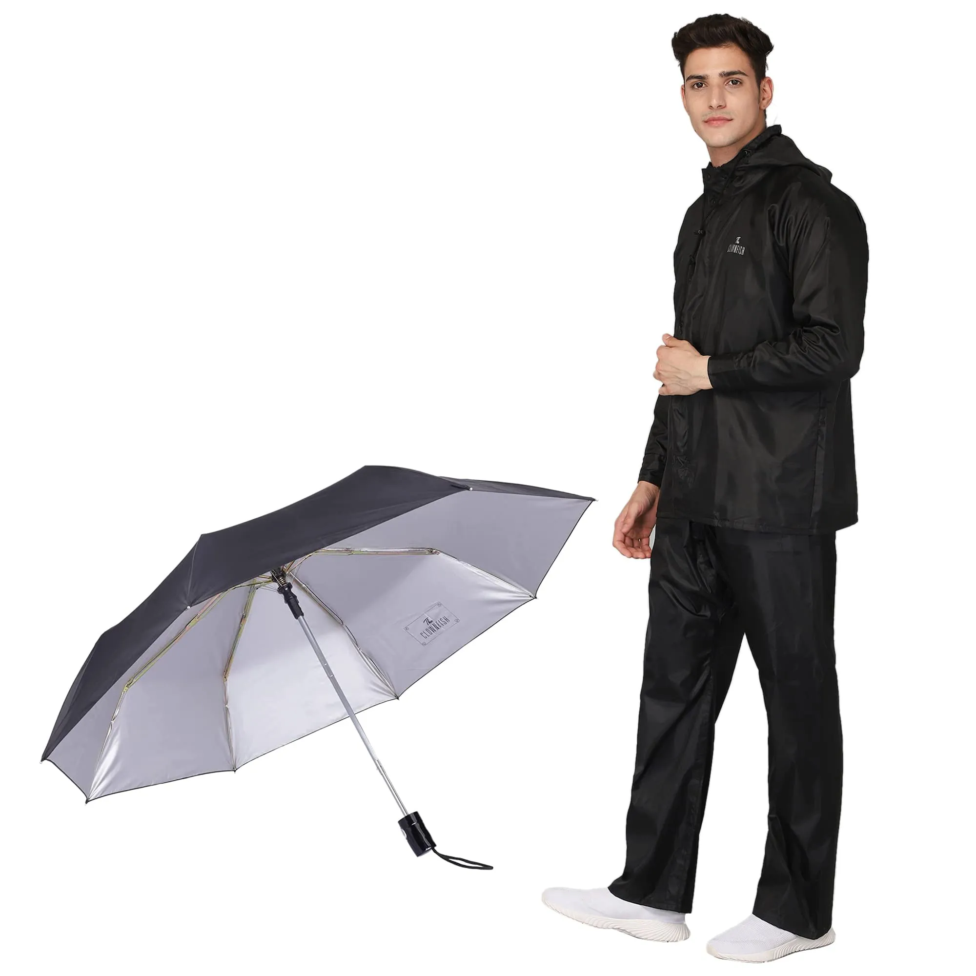 THE CLOWNFISH Combo Of Rain Coat for Men Waterproof Polyester (Black L) Umbrella Savior Series 3 Fold Waterproof Polyester (Black)