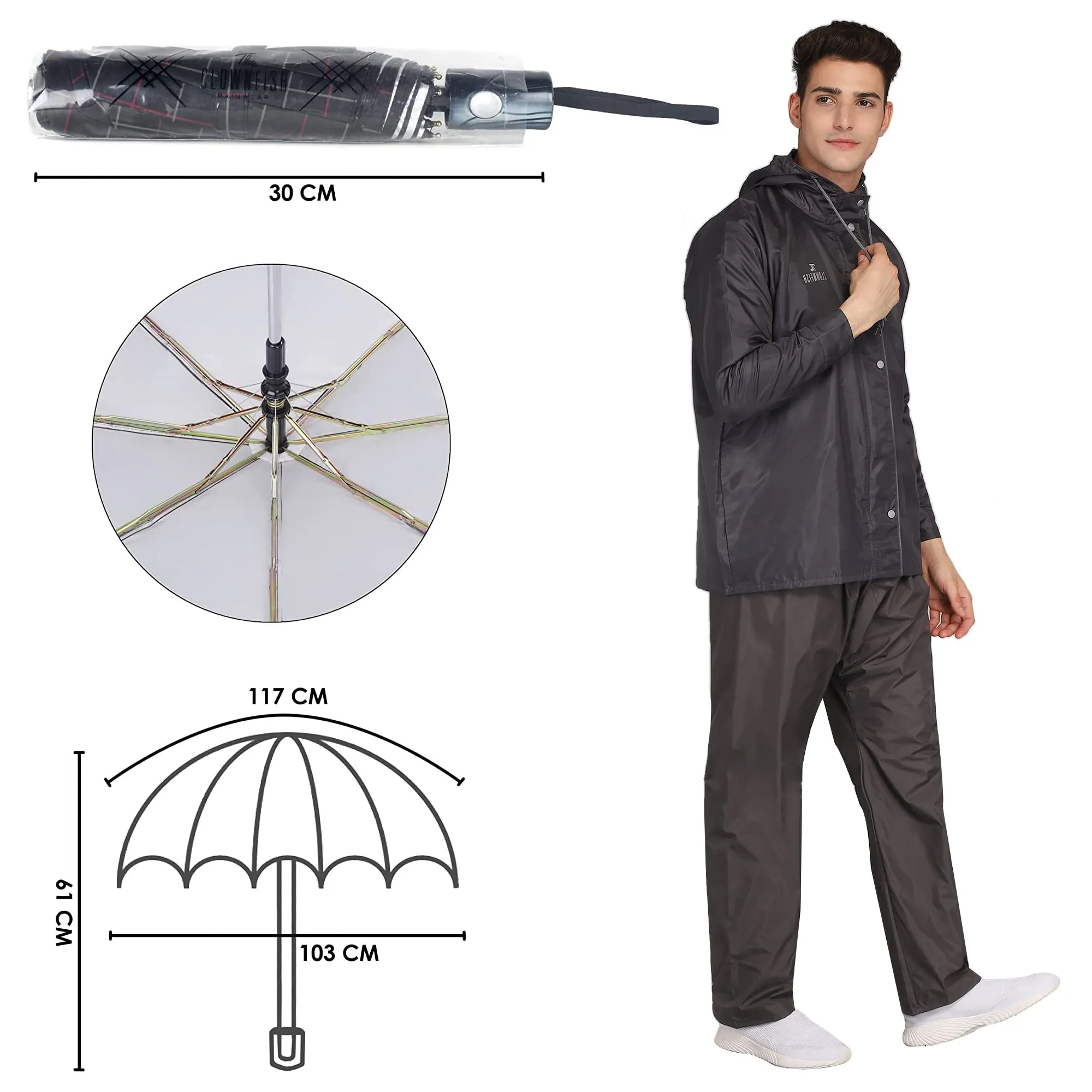 THE CLOWNFISH Combo Of Rain Coat for Men Waterproof Polyester (Grey 3XL) Umbrella 3 Fold Waterproof Pongee (Checks Design- Dark Pink)