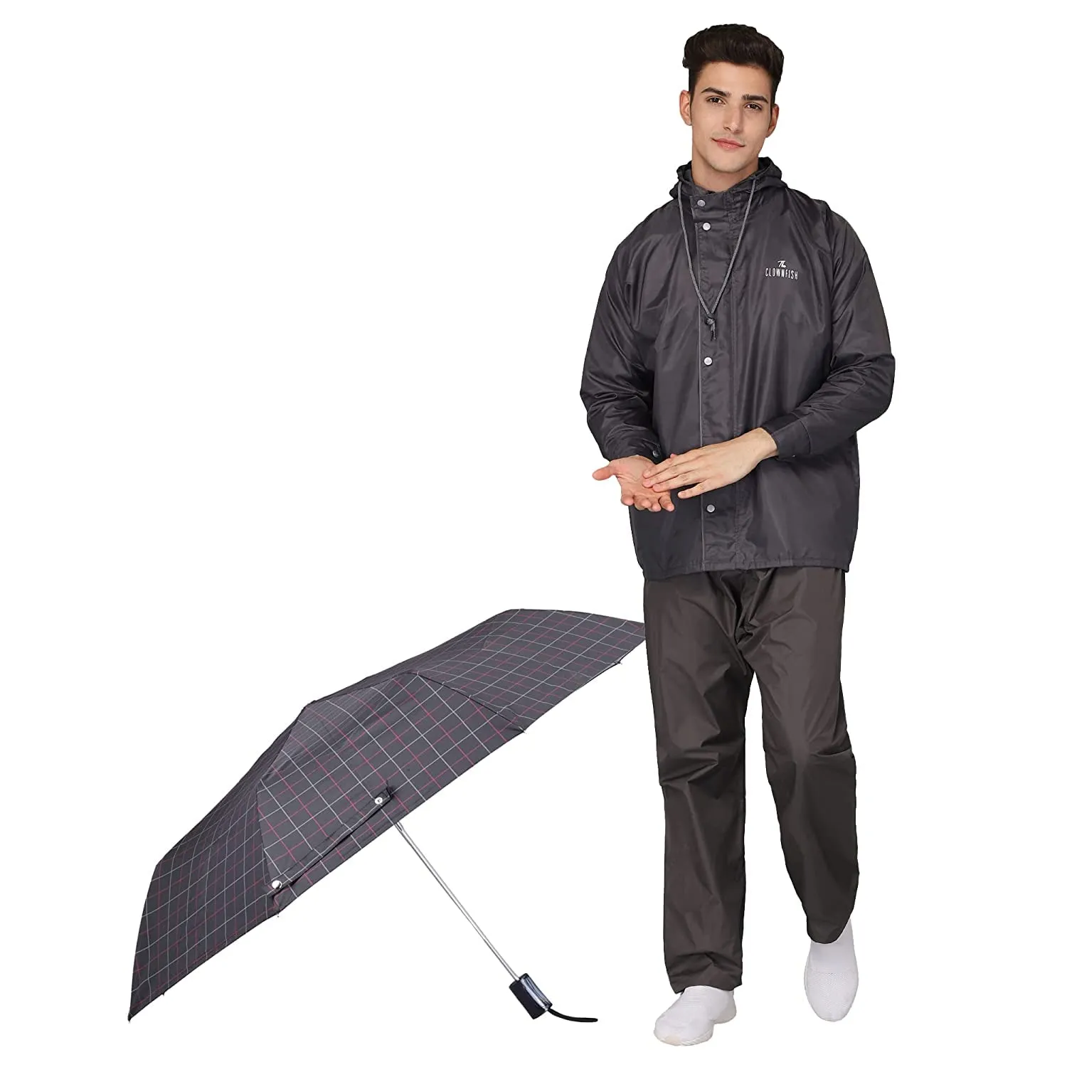 THE CLOWNFISH Combo Of Rain Coat for Men Waterproof Polyester (Grey 3XL) Umbrella 3 Fold Waterproof Pongee (Checks Design- Dark Pink)