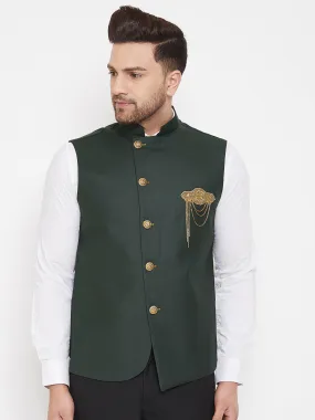 VASTRAMAY Bottle Green Solid Embellished Zardozi Nehru Jacket